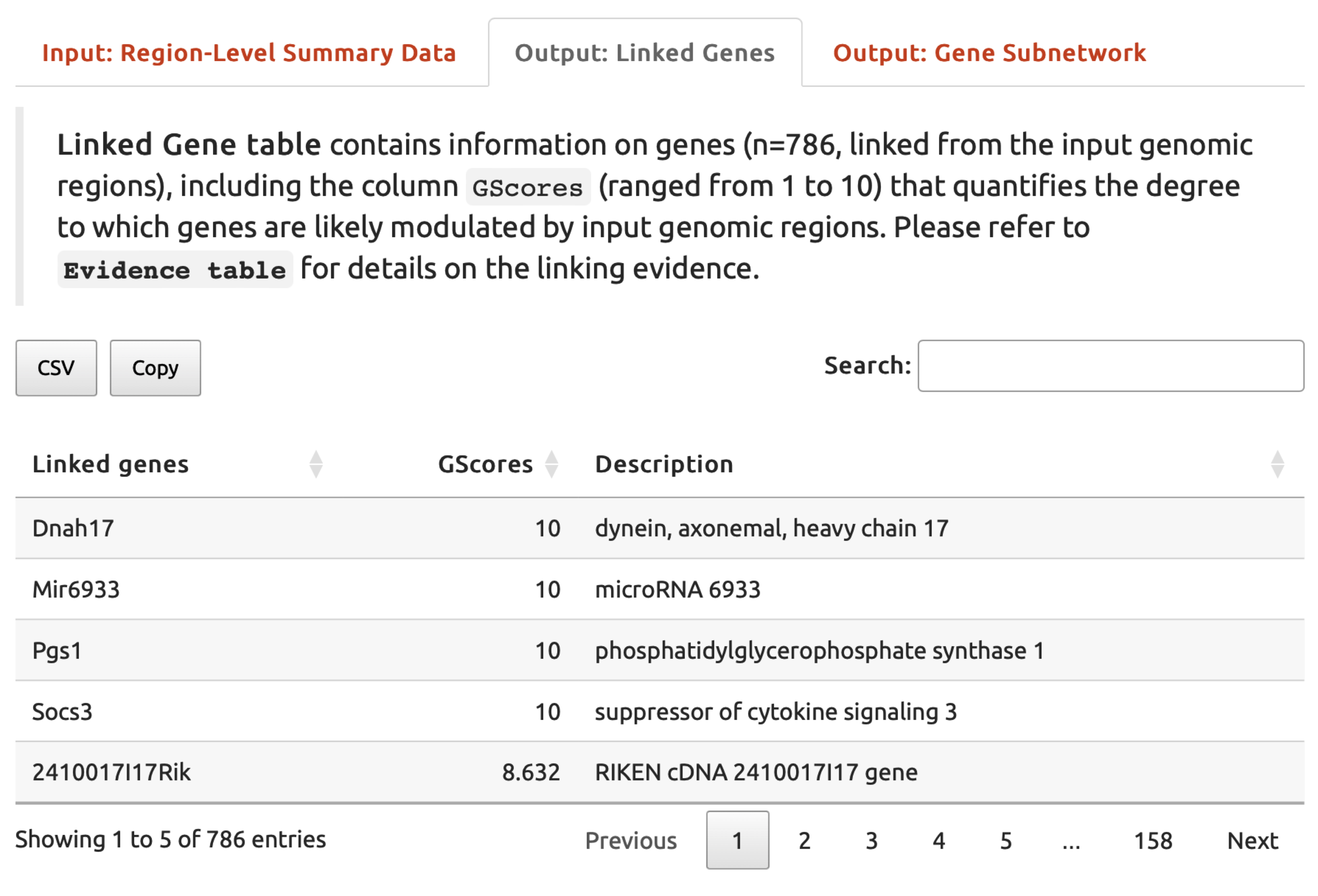 An interactive table listing genes linked from the input genomic regions under the `Output: Linked Genes` tab.