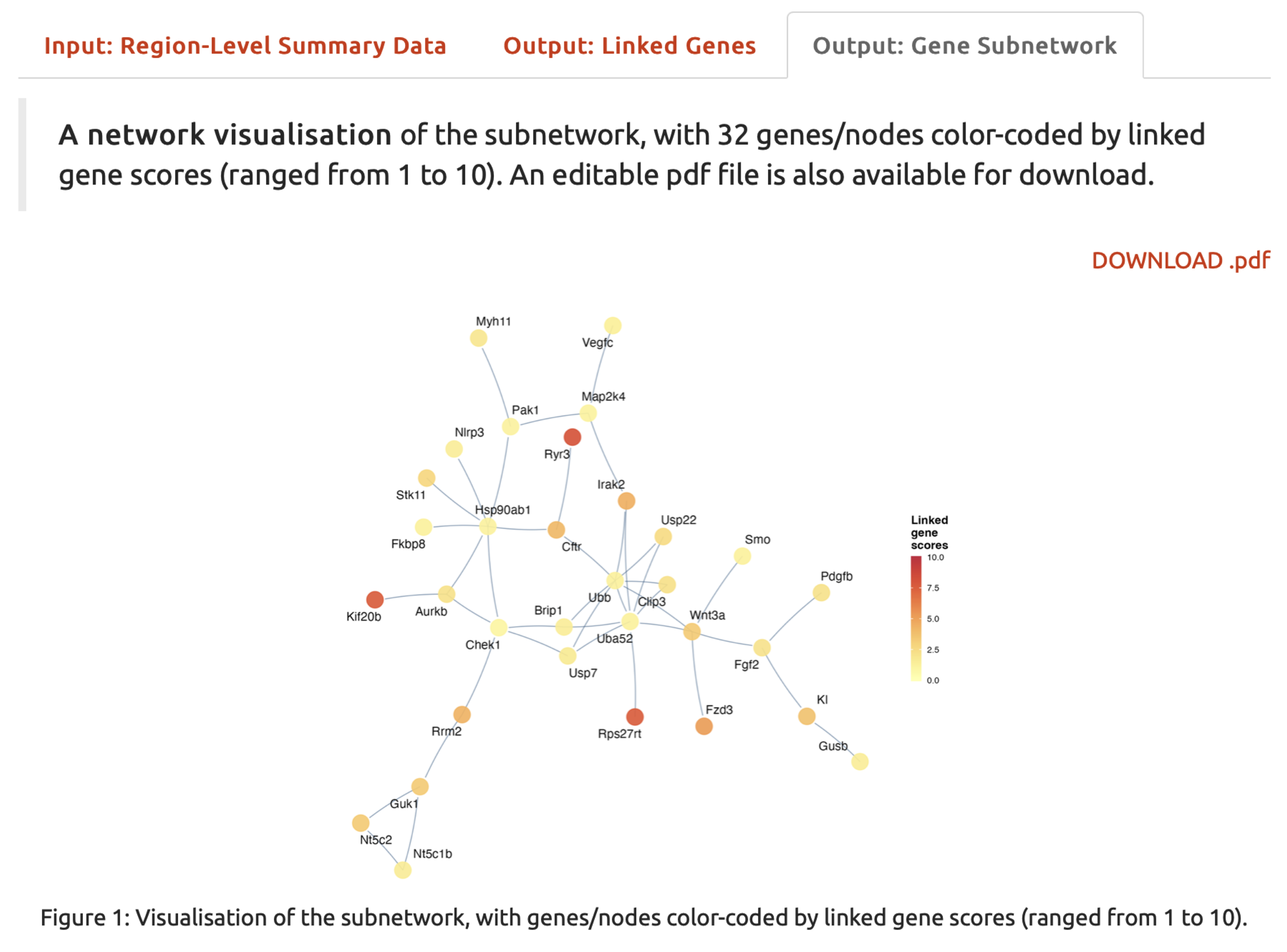 A network visualisation of the resulting subnetwork under the `Output: Gene Subnetwork` tab, with genes/nodes color-coded by linked gene scores, which range from 1 to 10.